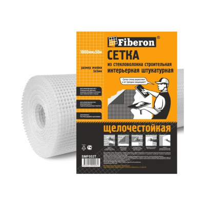 Сетка интерьерная штукатурная Fiberon стекловолокно, 1x50 м, ячейка 5x5, белая