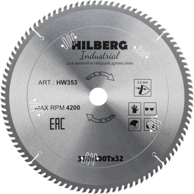 Диск пильный по дереву Hilberg Industrial (350х32 мм; 100Т) HW353 Назначение: мягкая и твердая древесина
