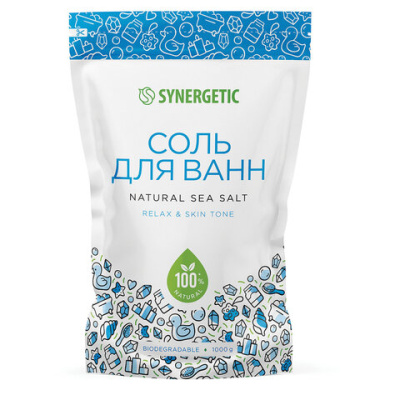 Соль для ванн 1 кг, SYNERGETIC "Детокс и расслабление", морская, натуральная, 300011