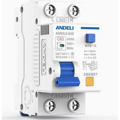 Дифференциальный автоматический выключатель ANDELI ADB3LE-63D 1P+N 25А 30mA электромеханический тип AС, тип С, 6kA (R)