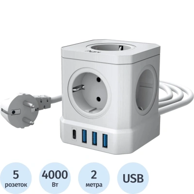 Сетевой фильтр AGNI 5р/2м,3USB 1TYPE-C,белый(TP-VE4U5E-C-2m-white)