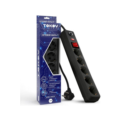 Удлинитель с сетевым фильтром TOKOV ELECTRIC 5x1.8м с заземл. с выкл. 16а с защ. от скачков напр. и перегрузок 3x1 черн.