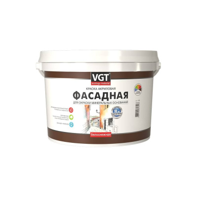 Краска акриловая VGT ВД-АК-1180 Фасадная белоснежная, долговечная, матовая 7 кг 1602