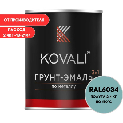 Грунт-эмаль 3 в 1 KOVALI полуглянец Пастельно-бирюзовая RAL 6034 (2,4кг)