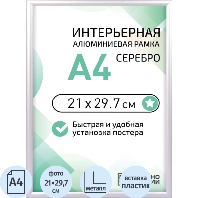 Рамка 210х297, серебристая, алюминевая, ПЭТ стекло 2019 04 72 345