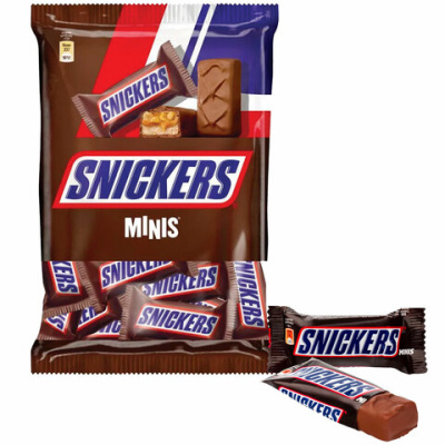 Шоколадный батончик Snickers Minis с карамелью, арахис и нугой, пакет, 180г