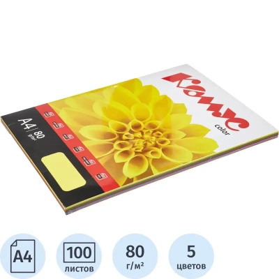 Бумага цветная Комус Color (микс интенсив 5цв: л,к,ш,з,г),80г,А4,100 л