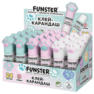 Клей-карандаш 9 г, кросс-серия "КОШАЧЬИ ЛАПКИ", фигурный колпачок, ассорти, FUNSTER (ФАНСТЕР), 274660
