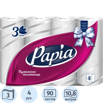 Полотенца бумажные в рулонах Papia, 3-слойные, тиснение, белые, 1/2 листа, 4шт.