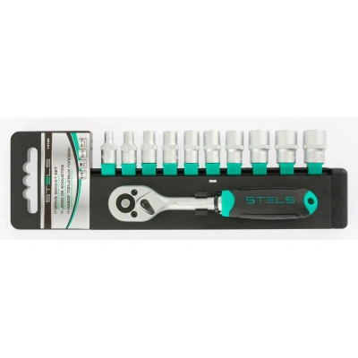 Набор торцевых головок, 1/4", 4-13мм, с трещоточным ключом, CrV, 11шт STELS