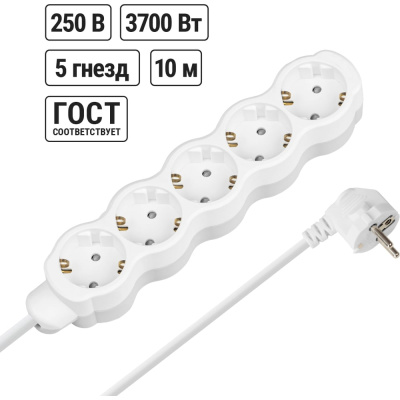 Удлинитель бытовой TDM ELECTRIC Люкс 5 гнезд, 10 м, с/з, с з/ш, ПВС 3x1,5 мм2, 16 А, 250 В, 3700 Вт TDM ELECTRIC