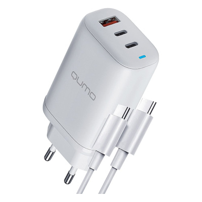 Сетевое зарядное устройство QUMO Energy PD 65Вт (модель 0118), USB-A QC3.0 + 2 USB Type-C PD,+ кабель 1м, Type-C