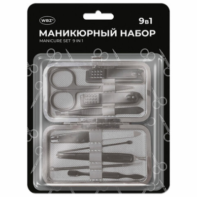 Универсальный набор для маникюра и педикюра 9 в 1 в футляре, MINI, красный, блистер, WBZ (ВБЗ), 609497