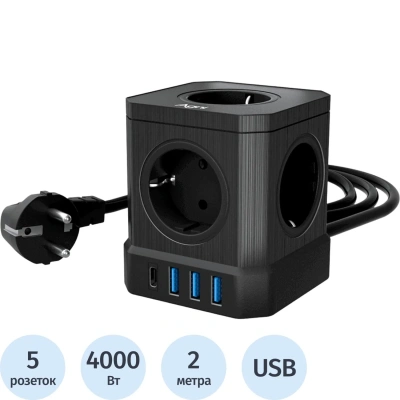 Сетевой фильтр AGNI 5р/2м,3USB 1TYPE-C,черный(TP-VE4U5E-C-2m-black)
