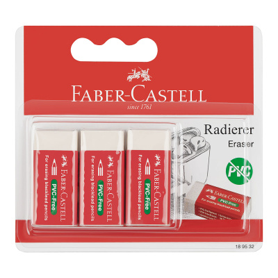 Набор ластиков Faber-Castell "Eraser PVC-free", 3 шт., прямоугольный, 63*22*11мм, картон. футляр, в пленке, блистер