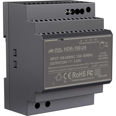Источник питания Prompower HDR-100-24, на вых. 24 В DC, 3.83А, 92Вт. Вх. 85-264В AC (120-370 В DC)