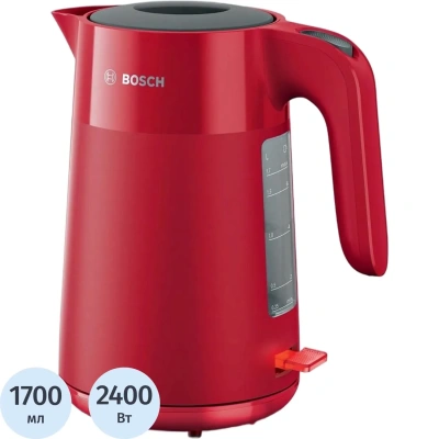 Чайник BOSCH TWK 2M164, 1,7 л, 2400 Вт, закрытый нагревательный элемент, пластик, красный