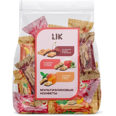 Конфеты мультизлаковые LIK ас в глазур (клуб/слив, виш/минд, перс/мят),250г