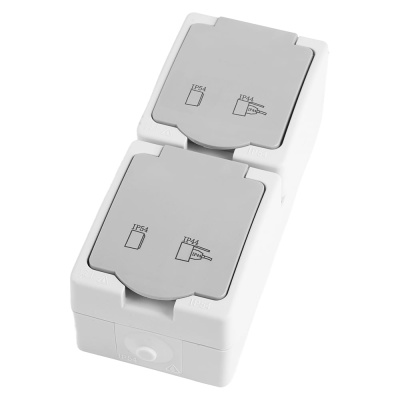 Розетка STEKKER 2-местная с крышкой с/з PST16-22-54V, пластик АВS, 250В, 16А, IP54, белый/серый