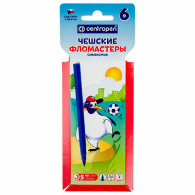 Фломастеры Centropen "Пингвины", 06цв., смываемые, картон. упак. с европодвесом/ПВХ