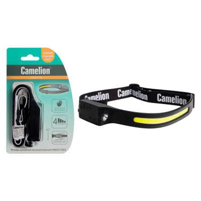 Фонарь налобный аккум Camelion LED53406 3,7В, черн, лента, 2LED, 3 Вт, 4 реж, сенсор,Type-C, блист.