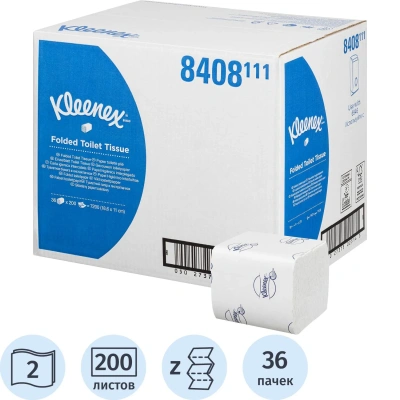 Бумага туалетная листовая д/дисп KK Kleenex 2сл белая 200л 36 пач/уп 8408