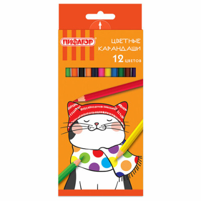 Карандаши цветные ПИФАГОР "КОТИК", 12 цветов, шестигранные, 181340