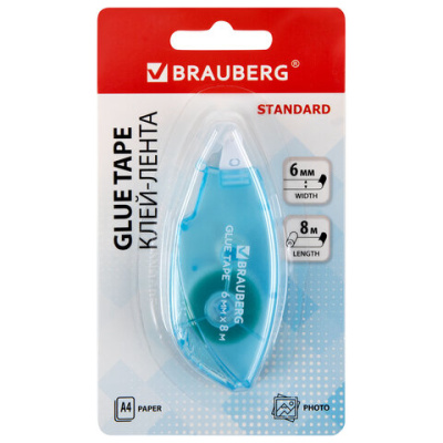 Клей-лента BRAUBERG STANDARD, 6 мм х 8 м, корпус матовый голубой, блистер, 273027