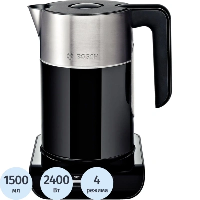 Чайник BOSCH TWK8613P, 1,5 л, 2400 Вт, закрытый нагревательный элемент, нержавеющая сталь, черный