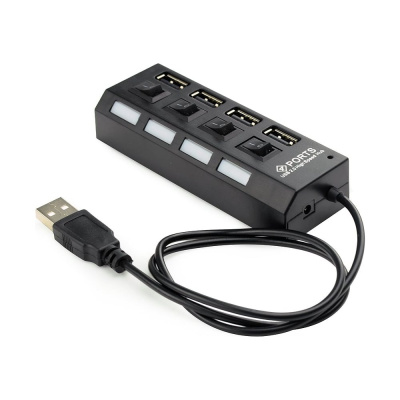 Разветвитель Gembird USB2.0 4хUSB, блок питания 2А, подсветка и выкл, кабель USB 55см, черный