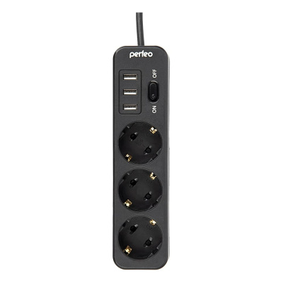 Сетевой фильтр PERFEO POWER STREAM, 2500W, 4м, 3 розетки, 3 USB, черный