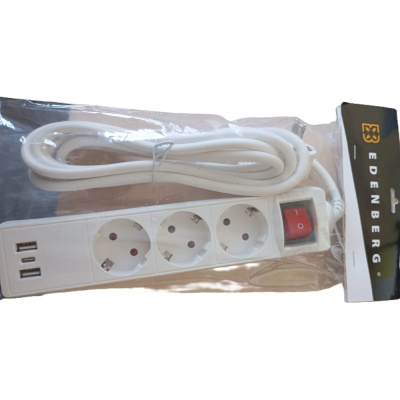 Розетка-удлинитель Edenberg 3м, 3 разъема, с переключателем и USB-кабелем, калибр провода 3 * 0,75 мм