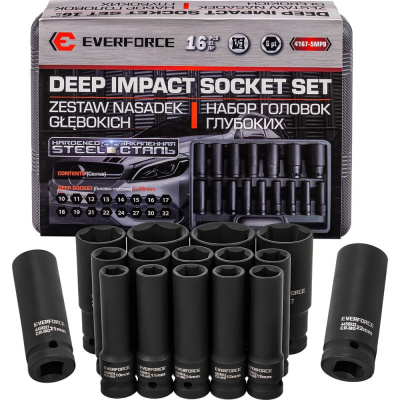 Головки ударные EVERFORCE набор 16 предметов, 1/2" (10-19, 21, 22, 24, 27, 30, 32мм, 6гр.)