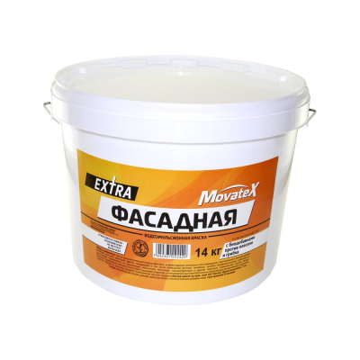 Водоэмульсионная краска Movatex EXTRA фасадная, 14 кг Т11936 наносится на деревянные, кирпичные, бетонные