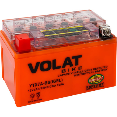Мотоаккумулятор VOLAT 12V 7Ah YTX7A-BS(iGEL) L+, для мотоцикла, мопеда и скутера, гидроцикла, квадроцикла