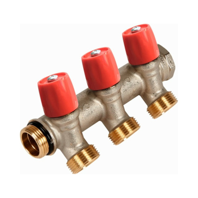 Коллектор HENCO VBS с красными вентилями, 3/4"НР под евроконус, 3/4" - 3xEK