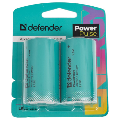 Батарейка алкалиновая DEFENDER LR20-2BL D, блистер, 2 шт, PowerPulse