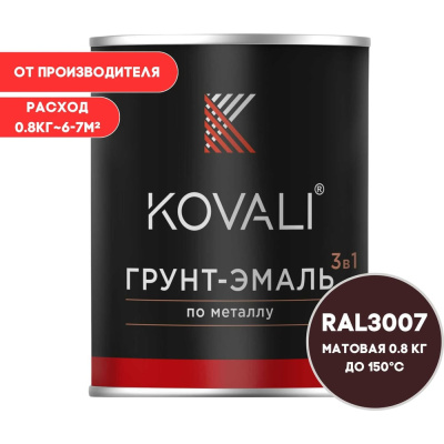 Грунт-эмаль KOVALI 3 в 1 матовая черно-красная RAL 3007 0,8кг