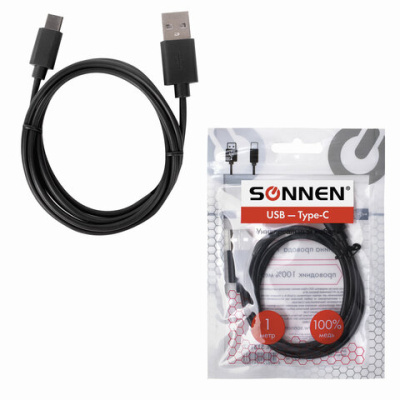 Кабель USB 2.0 – Type-C, 1 м, SONNEN, медь, для передачи данных и зарядки, черный, 513117
