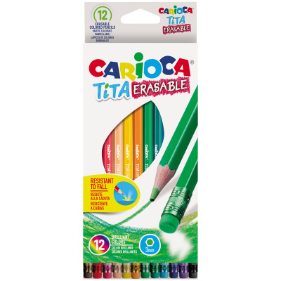 Карандаши цветные стираемые с резинкой CARIOCA "Erasable", 12 цветов, шестигранные, грифель 3 мм, 42897