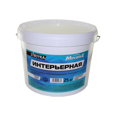 Водоэмульсионная краска Movatex Stroyka интерьерная, 25 кг Т31716 наносится на деревянные, кирпичные, бетонные
