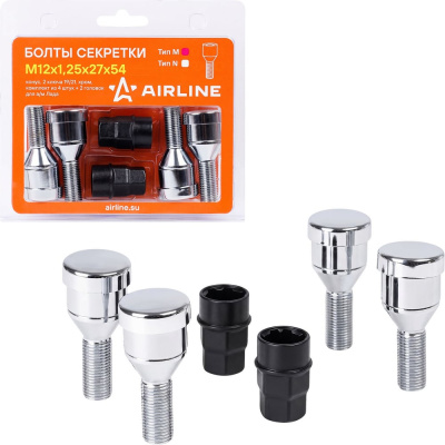 Секретки колесные AIRLINE (болты) М12x1.25x27x54, конус, 2 ключа 19/21, хром, тип M
