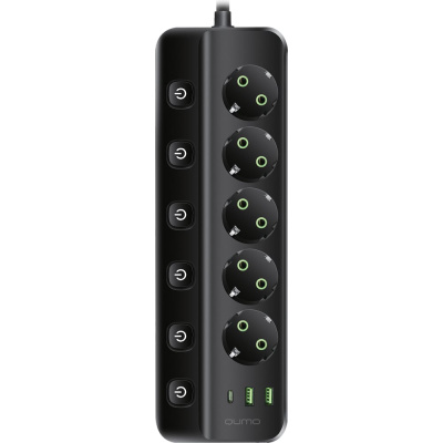 Сетевой фильтр QUMO Power Bar SPFSU (P-0009), 5 выключаемых розеток, 2500 Вт, 10A, кабель 3м 3*1 мм чистая медь