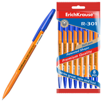 Ручки шариковые ERICH KRAUSE R-301 "Stick Orange", СИНИЕ, набор 8 штук, 0,7 мм, 56614