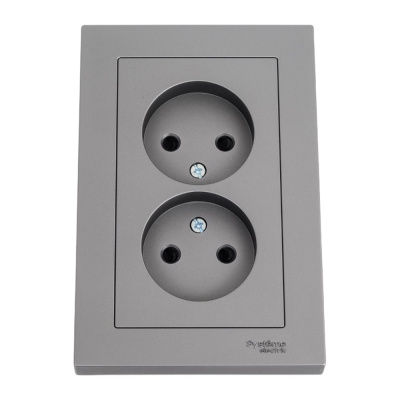 Розетка Systeme Electric AtlasDesign Сталь б/з двойная, со шторками,16А, в сборе SE