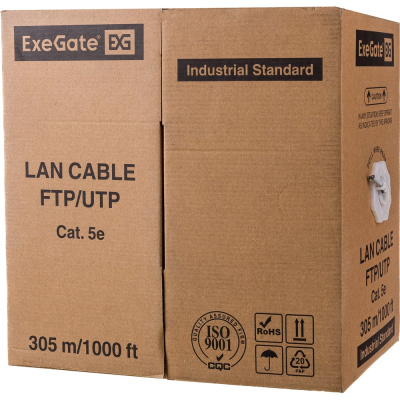 Кабель FTP ExeGate 4 пары, категория 5e, Special медь, 26AWG, экран, бухта 305м, серый, PVC