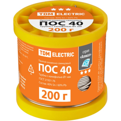 Припой TDM ELECTRIC ПОС 40, трубка с канифолью, 1 мм, 200 г, катушка, катушка, индуальна упаковка, серия Алмаз