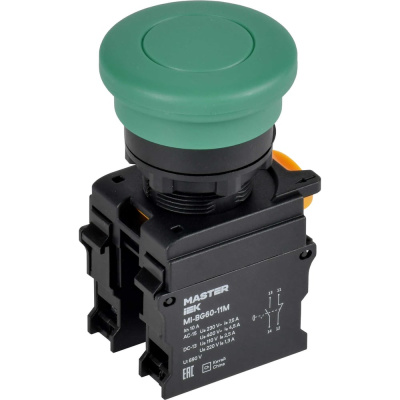 Кнопка IEK Грибок без фиксации d22мм 1NO+1NC зелёная MASTER