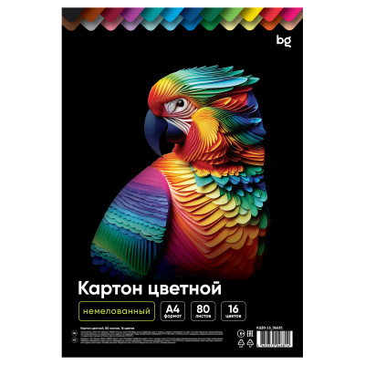 Картон цветной, А4 одностор, BG, 80 л., 16 цв., немелованный, в коробке