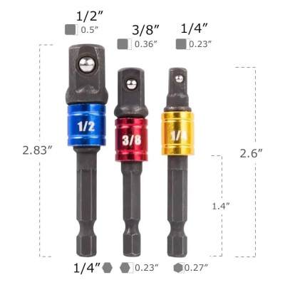 Переходники для шуруповерта под торцевые головки 1/4"DR, 3/8"DR, 1/2"DR, длина 73-65 мм